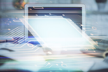 Aufkleber - Multi exposure of desktop computer and technology theme hologram. Concept of software development.