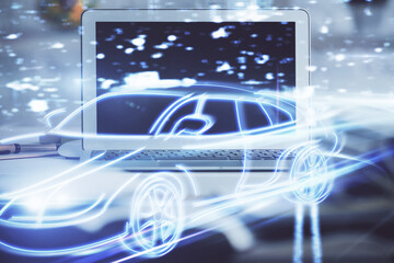 Poster - Desktop computer background in office with automobile hologram drawing. Multi exposure. Tech concept.