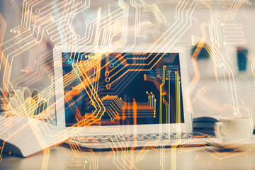 Poster - Computer on desktop in office with technology theme hologram. Double exposure. Tech concept.