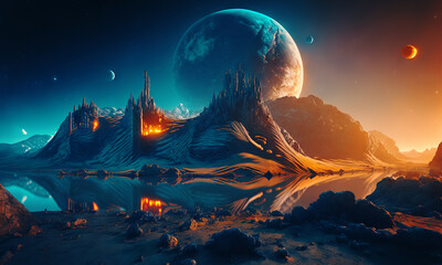 Leinwandbilder - Space planets background. Distant planetscape in cosmos with exoplanets. Concept art Generative ai