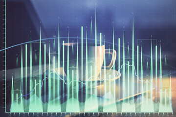 Poster - Stock market graph on background with desk and personal computer. Multi exposure. Concept of financial analysis.