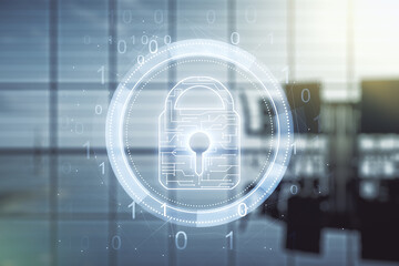 Poster - Double exposure of virtual creative lock hologram with chip on a modern meeting room background. Information security concept