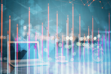 Poster - Stock market graph on background with desk and personal computer. Multi exposure. Concept of financial analysis.