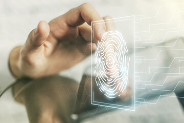 Fototapete - Double exposure of abstract creative fingerprint hologram with finger clicks on a digital tablet on background, protection of personal information concept