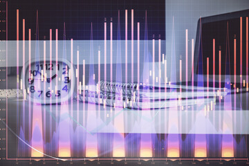 Wall Mural - Stock market graph on background with desk and personal computer. Multi exposure. Concept of financial analysis.