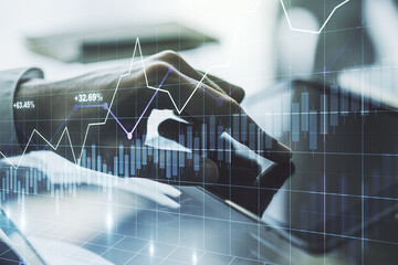 Poster - Abstract creative financial graph with finger clicks on a digital tablet on background, forex and investment concept. Multiexposure