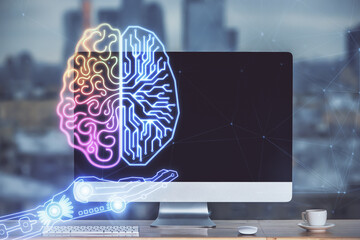 Aufkleber - Double exposure of table with computer and brain hologram. Data innovation concept.