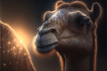  A Close Up Of A Camel With A Blurry Background And A Light Shining On It's Face And Neck And Head, With A Black Background With A Gold And White Border.  Generative Ai