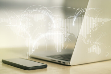 Poster - Double exposure of abstract digital world map with connections on laptop background, research and strategy concept