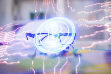 Poster - Crypto theme hologram with glasses on the table background. Concept of blockchain. Double exposure.