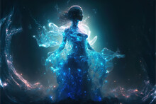 Blue Fantasy Magical Dancing Water Elemental Fairy With Glowing Lights, Generative Ai