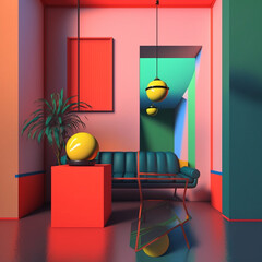 Wall Mural - generative ai illustration, interior room , geometric lines, green sofa , vibrant neon colors