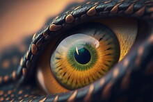  A Close Up Of A Dragon Eye With A Yellow Iris And Brown Leather Band Around The Iris Of The Eye, With A Black Snake Skin Pattern Around The Eye.  Generative Ai