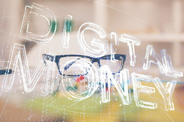 Poster - Crypto theme hologram with glasses on the table background. Concept of blockchain. Double exposure.