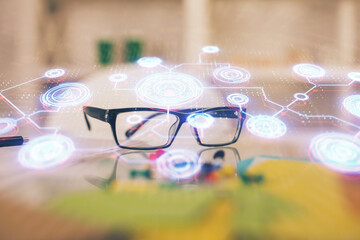 Poster - Social network theme drawing with glasses on the table background. Concept of people media connection. Double exposure.