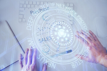 Poster - Man hands with data theme double exposure icons.