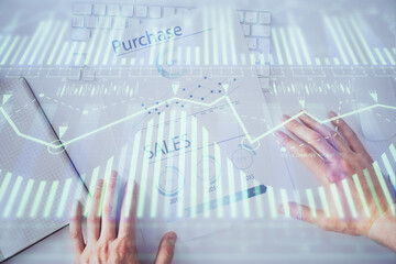 Poster - Man hands with data theme double exposure icons.