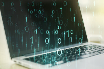 Aufkleber - Creative abstract binary code hologram on modern computer background, AI and machine learning concept. Multiexposure