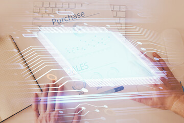 Poster - Man hands with data theme double exposure icons.