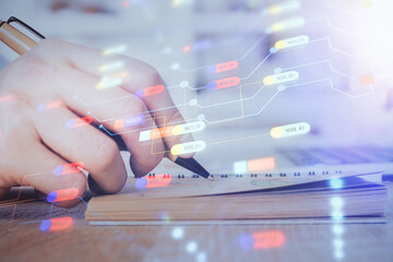 Poster - Writing Man hands with data theme multi exposure icons.