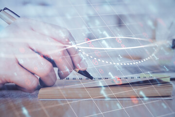 Poster - Double exposure of man doing notes of stock market with forex graph.