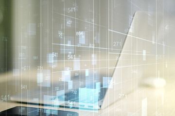 Aufkleber - Abstract creative analytics data spreadsheet on modern computer background, analytics and analysis concept. Multiexposure