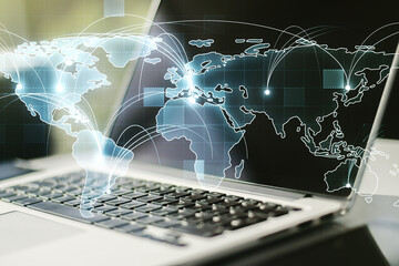 Leinwandbilder - Abstract graphic digital world map with connections on modern computer background, globalization concept. Multiexposure