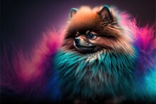  A Dog With A Colorful Fur Coat On It's Face And A Black Background With A Pink, Blue, And Green Fur On It's Face.  Generative Ai