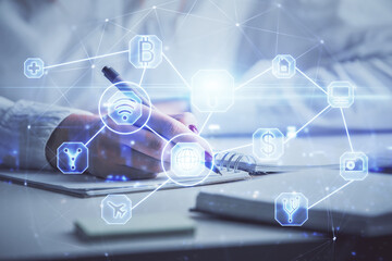 Aufkleber - Social network theme hologram over hands taking notes background. Concept of global international people connect. Double exposure