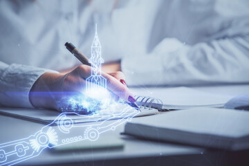 Poster - Start up creative drawing over close up hands in notepad background. Concept of brainstorming. Double exposure