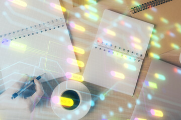 Poster - Multi exposure of woman's writing hand on background with data technology hud. Concept of innovation.