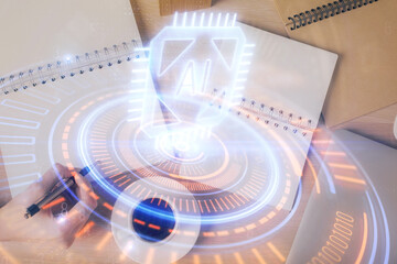 Poster - Multi exposure of woman's writing hand on background with data technology hud. Concept of innovation.
