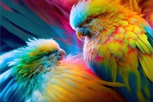  Two Colorful Birds Are Standing Next To Each Other On A Colorful Background With A Blue Sky In The Background And A Red, Yellow, Green, Blue, And Pink, And Orange Bird In The.  Generative Ai