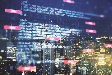 Poster - Multi exposure of abstract creative coding sketch on San Francisco city skyline background, artificial intelligence and neural networks concept