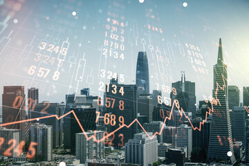 Poster - Multi exposure of abstract virtual graphic data spreadsheet sketch on San Francisco cityscape background, analytics and analysis concept
