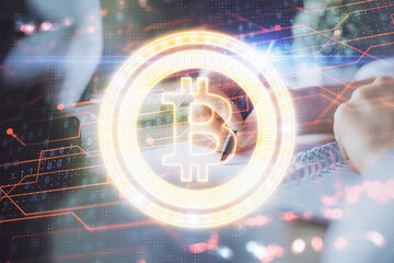 Aufkleber - Cryptocurrency hologram, bitcoin, ico theme over hands taking notes background. Concept of blockchain. Multi exposure