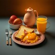 A classic American breakfast, scrambled eggs, bacon, toast, orange juice, food photography, gourmet