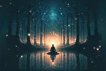 Wall Mural - meditating yoga in the lotus position on beautiful fantasy magical colorful landscape background, generative ai