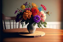 An Artfully Crafted Bouquet Of Colorful Flowers On A Wooden Table.