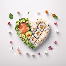 Creative Concept Valentine's Day Sushi In Form Of Heart On White Background. Generative AI