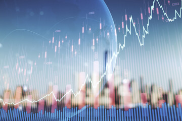 Poster - Multi exposure of virtual creative financial graph and world map on blurry skyline background, forex and investment concept