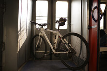 Bicycle Standing In The Vestibule. Tourism With A Bicycle. Transport The Bike On The Train. Travel With A Bike.