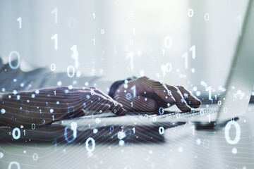 Aufkleber - Creative concept of binary code illustration and hands typing on laptop on background. Big data and coding concept. Multiexposure