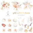 Gold, blush, beige, white rose, peony, dahlia, ranunculus, hydrangea flower, pampas grass, fern, dried palm leaves