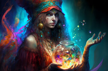 Young Magnificent Fortune Teller Woman Reading Future On Magical Crystal Ball With Copy Space. Generation AI