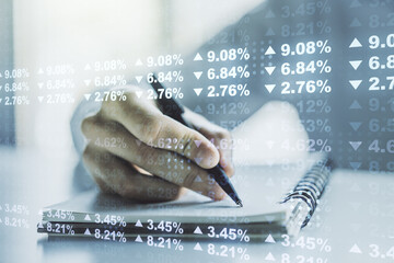 Poster - Abstract creative stats data concept with man hand writing in notebook on background. Multiexposure