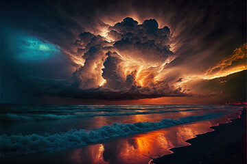 Wall Mural - colorful huge thunderstorm at sunset over the sea, generative, ai