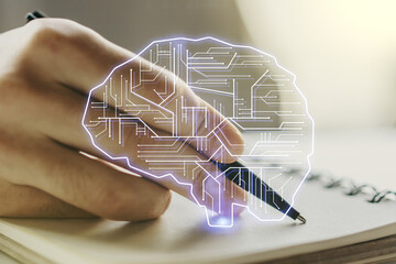 Poster - Double exposure of creative human brain microcircuit with man hand writing in notepad on background. Future technology and AI concept