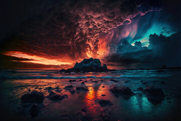 Wall Mural - colorful huge thunderstorm at sunset over the sea, generative, ai