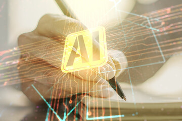 Poster - Creative artificial Intelligence symbol concept with woman hand writing in diary on background. Double exposure